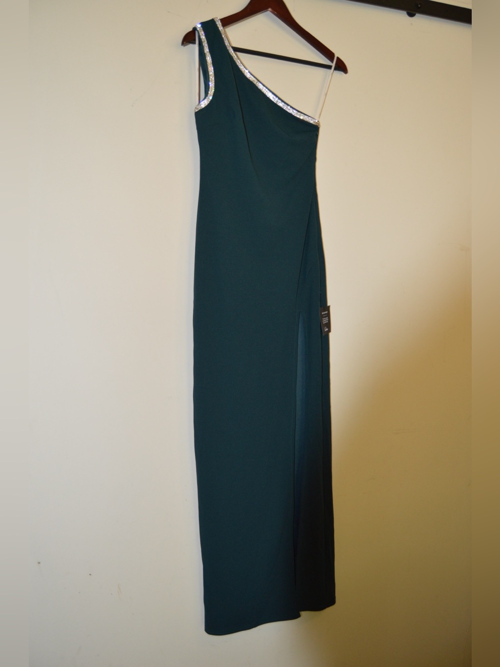 NWT Size Small- Lulus: Glamorous Muse Emerald Rhinestone One-Shoulder Maxi Dress